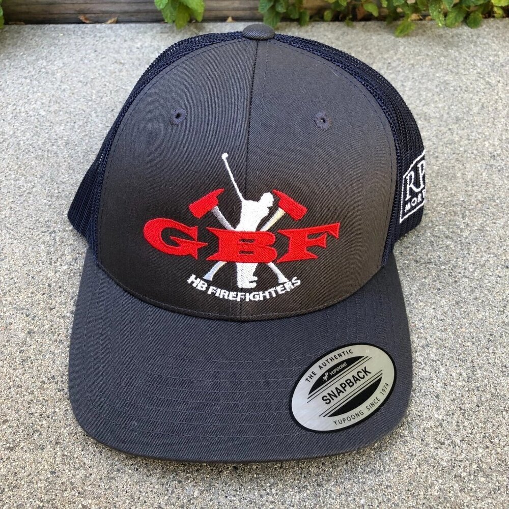 YUPOONG GBF HB Firefighters Trucker Hat Huntington Beach Snapback Cap RPM Grey
